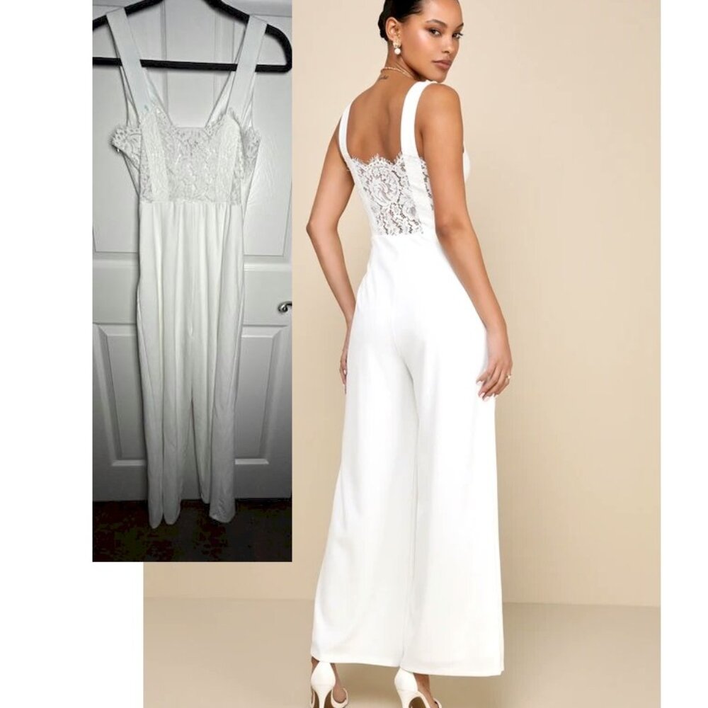 Lulus Sweet Eloquence White Lace Back Sleeveless Wide-Leg Jumpsuit Medium NWOT
